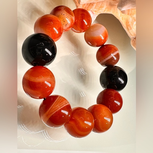 ORANGE SARDONYX + BLACK ONYX NATURAL STONES BRACELET size 7” - Picture 12 of 15